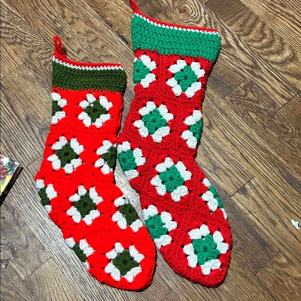 Lot of 2 Vintage Hand Crochet Christmas Stockings Granny Squares Red Green